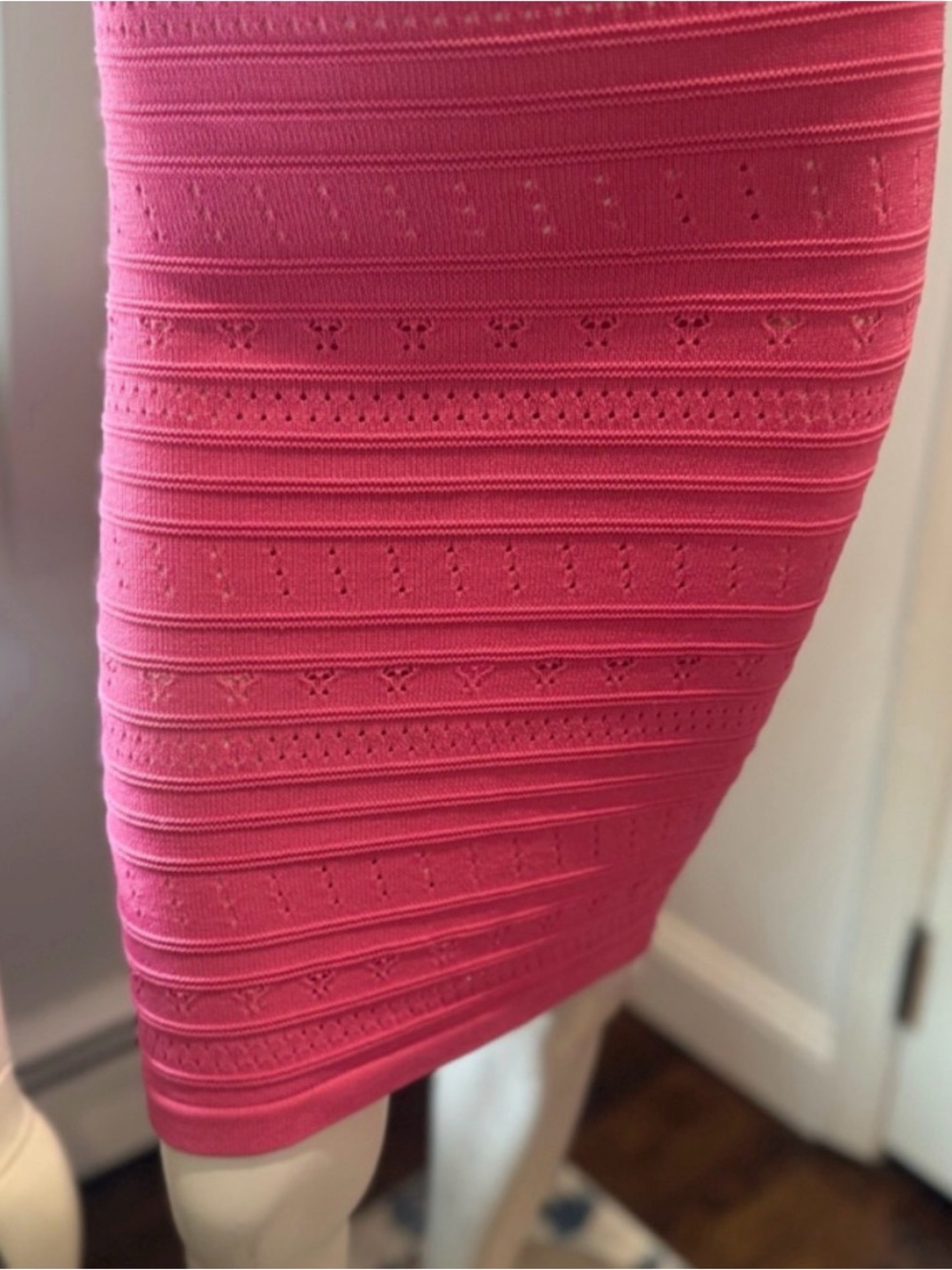 French Connection Pink Pointelle Knit Bodycon Midi Dress | US 6 - Picture 6 of 12